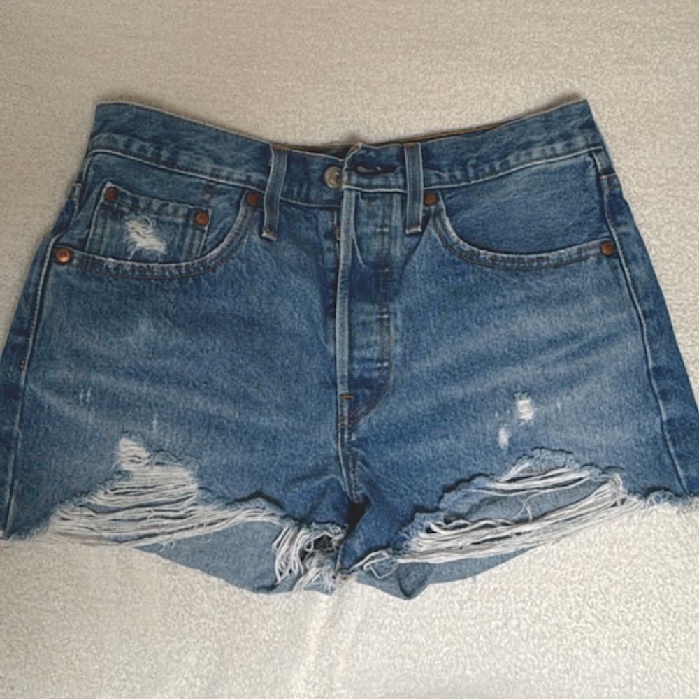 Levi's Blue Distressed High-Waist Jean Shorts